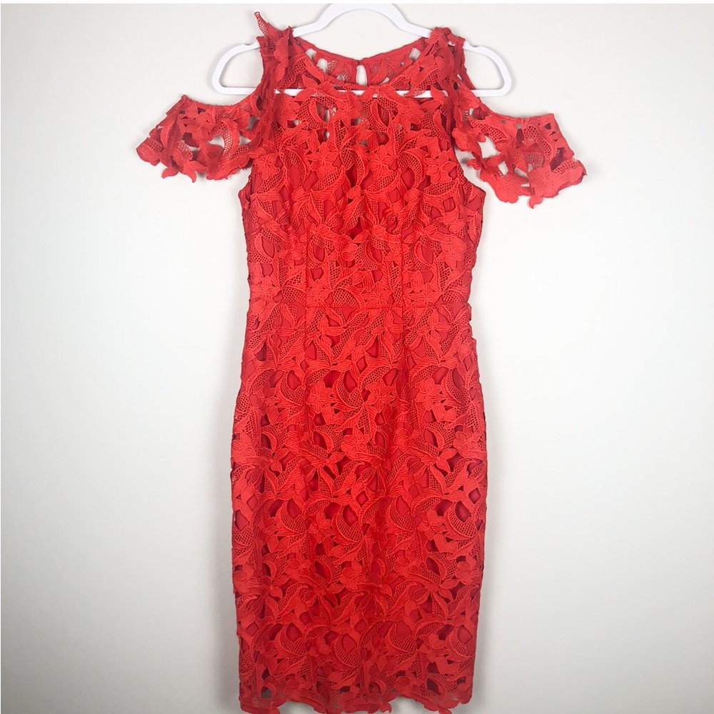 Tahari Red Crochet Lave Cold-Shoulder, Red Size $